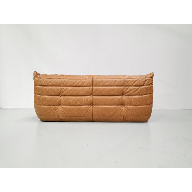 French 3-Seater Togo Sofa in Camel Leather attributed to Michel Ducaroy for Ligne Roset For Sale - Image 12 of 14