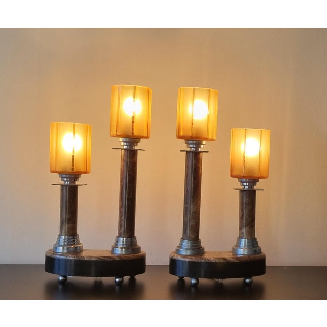 Art Deco Cubist Clock with Bronze Panther and Lamps from Decoux, 1930s, Set of 3 For Sale - Image 6 of 11