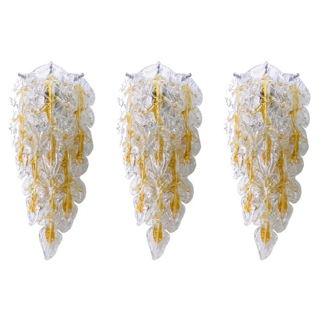 Mid-Century Modern Italian Murano Leaf Glass Wall Sconces from Mazzega, 1970s, Set of 3 For Sale - Image 15 of 15