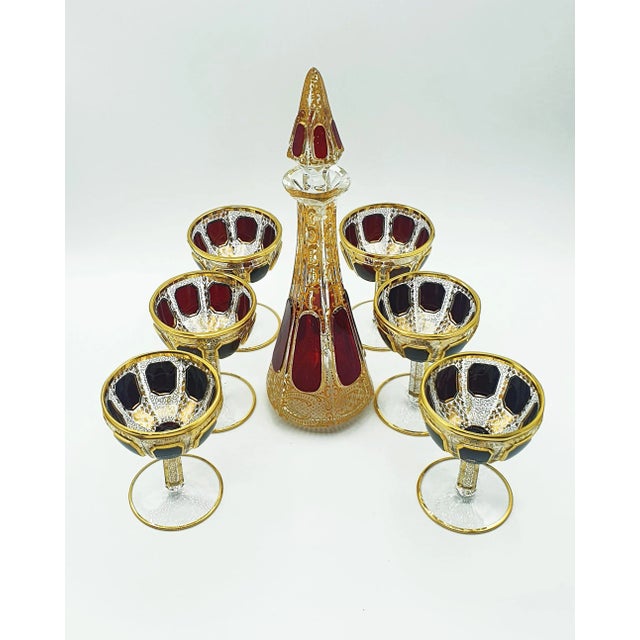 Bohemian Cabochon Champagne Futes with Decanter from Moser, Set of 7 For Sale - Image 9 of 9