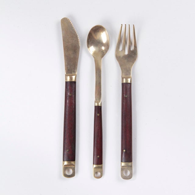 Modern Brass and Wood Cutlery Set by Carl Cohr, 1960s, Set of 19 For Sale - Image 3 of 12