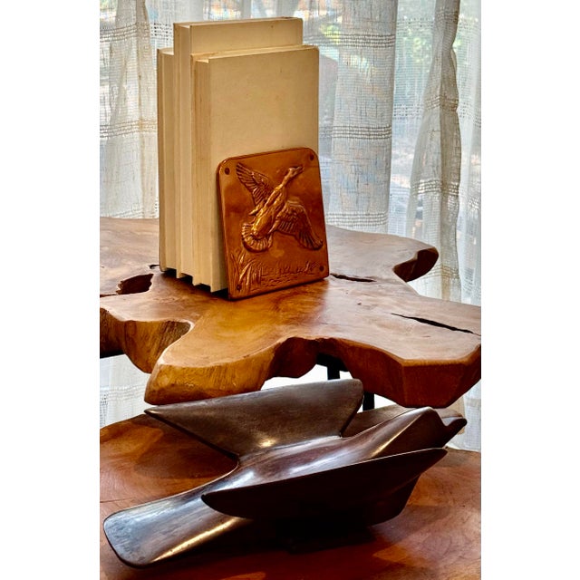 In the Style of Bruce Fox Come an Arts & Crafts Pair of High Relief Vintage Copper Wrapped Flying Duck, Mallard Bookends....