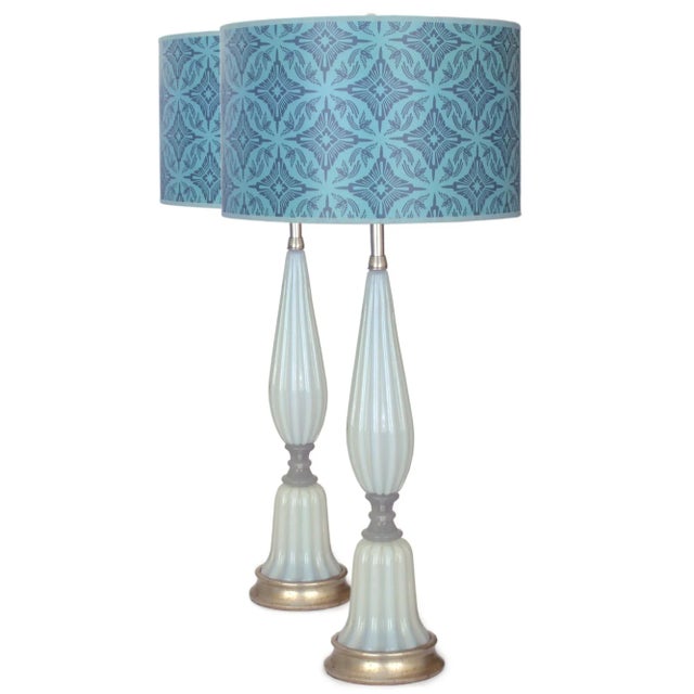 Pair of Vintage Mid-Century Pale Blue Opaline Barovier Toso italian Murano Table Lamps are rewired. Each lamp is remounted...