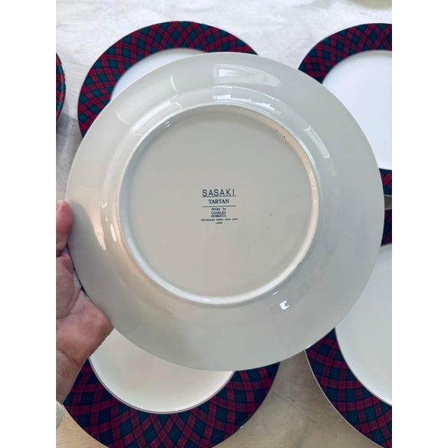 Sasaki Tartan by Charles Roberts 10.75” Dinner Plates | Red Green Plaid Rim Dinnerware - Set of 6 For Sale - Image 12 of 12