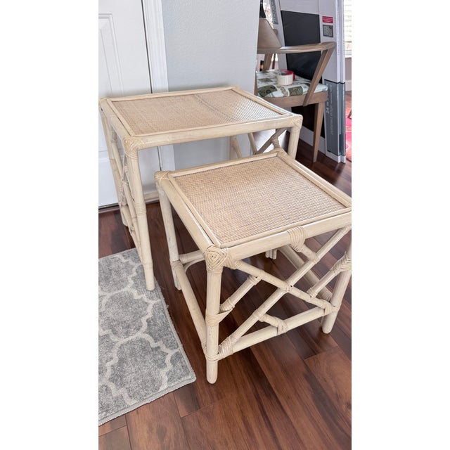 Boho Chic Vintage Mid Century Rattan White Washed Nesting Tables Set For Sale - Image 3 of 9