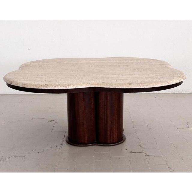 Large Mid-Century Modern Clover Coffee Table in Travertine and Dark Oak, 1970s For Sale - Image 14 of 18