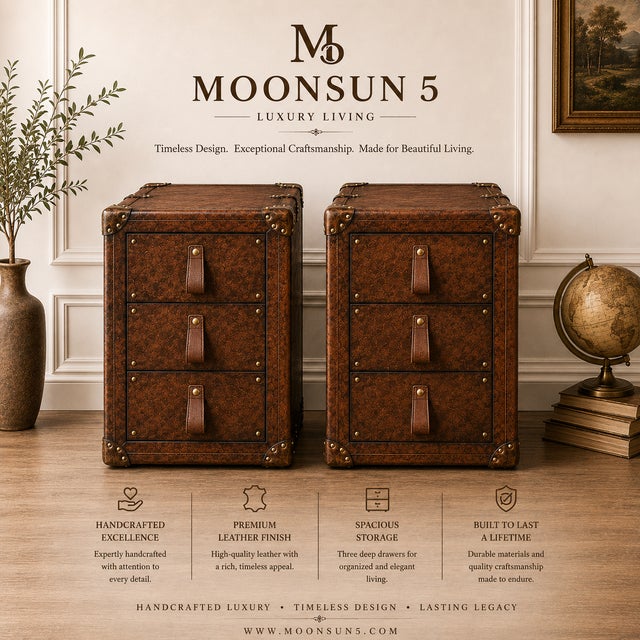 Luxury Leather Dark Brown Nightstand Pair, Handmade Vintage Style Trunk Bedside Tables, Leather 3 Drawer Cabinet, Brass Studded Bedroom Storage For Sale - Image 14 of 15