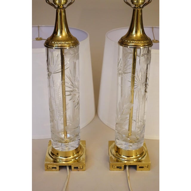 1960s Matched Pair Large Dresden Hollywood Regency Cut Crystal Glass Brass Column Table Lamps - a Pair For Sale - Image 14 of 15