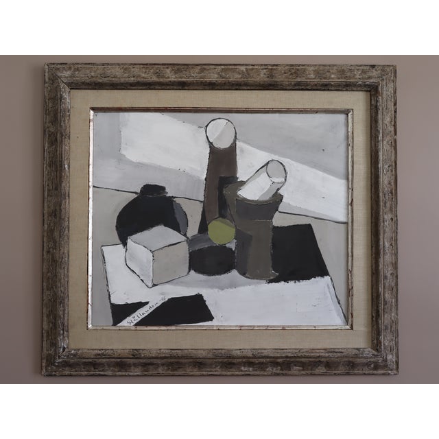 THE GREEN BALL Size: 66 x 75 cm (including frame) Oil on Board A striking original mid-century modernist composition,...