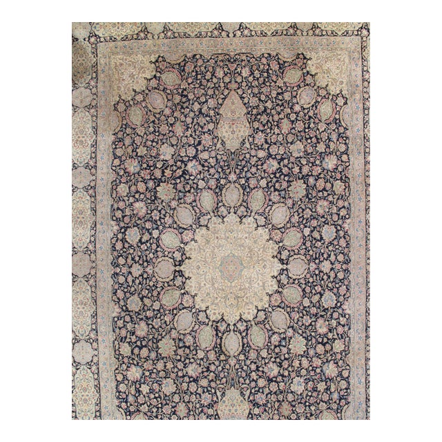 Semi-Antique Kerman Carpet, Handmade Persian Wool Rug, Navy, Ivory, Blue, Pink For Sale