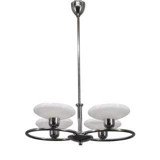 Mid-Century Chrome Chandelier with Milk-Glass Disc Shades, Former Czechoslovakia, 1950s For Sale