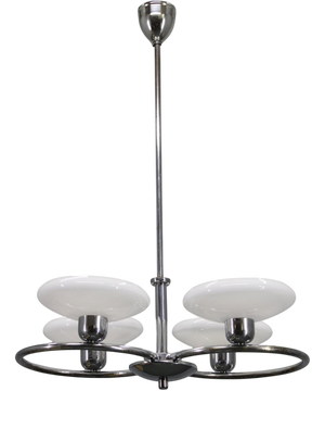Mid-Century Chrome Chandelier with Milk-Glass Disc Shades, Former Czechoslovakia, 1950s