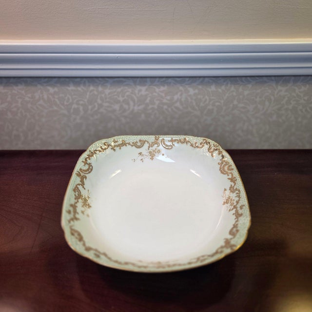 Traditional Antique 1890s Limoges Elite Works 9" Square Serving Bowls – Celadon Dots & Gold Scrolls - a Pair For Sale - Image 3 of 13