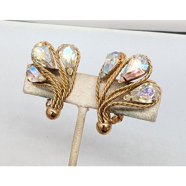Vintage 1960s Signed Napier Goldtone Aurora Borealis Clip Earrings-2 Pieces For Sale In Philadelphia - Image 6 of 7