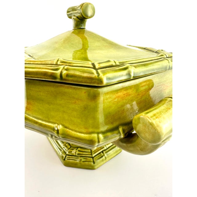 Charming vintage OPRAY ceramic tureen with lid and matching ladle, featuring a sculptural faux bamboo motif in a soft...