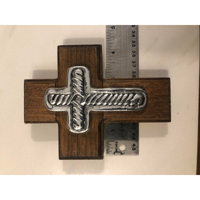 Wood 1990s Mexican Pewter on Wood Cross Wall Plaque For Sale - Image 7 of 7