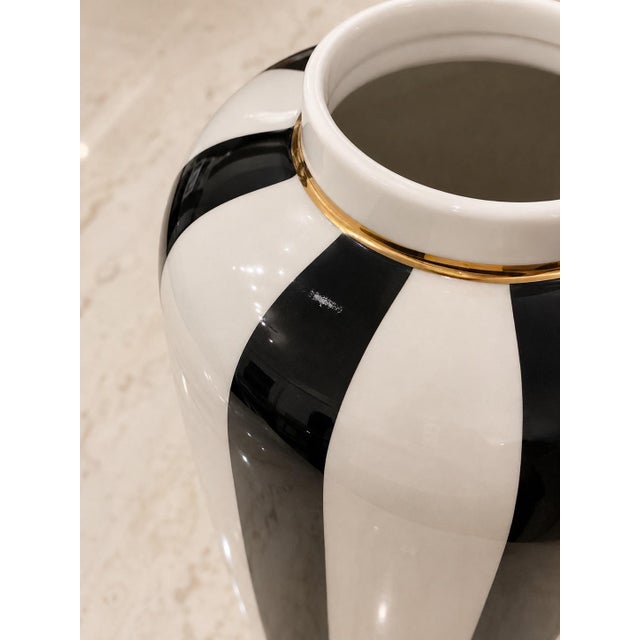 2010s Pair of Hollywood Regency Style Black & White Striped Ceramic Vases For Sale - Image 5 of 5