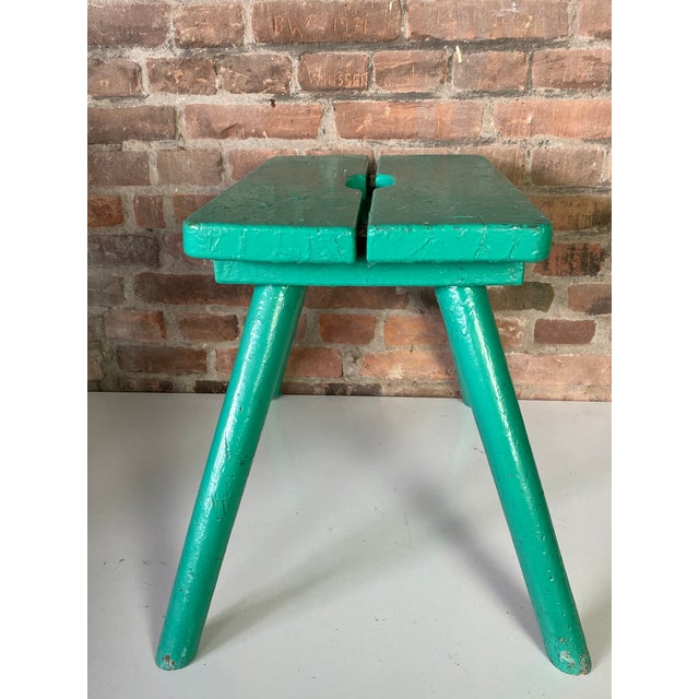 French Brutalist Wooden Stool in Green Paint, 1950s For Sale - Image 11 of 18