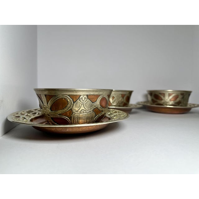 Persian 1920s Persian Silver-on-Copper "Ghalamzani" Bowl & Plate Set (8 Pieces) For Sale - Image 3 of 10