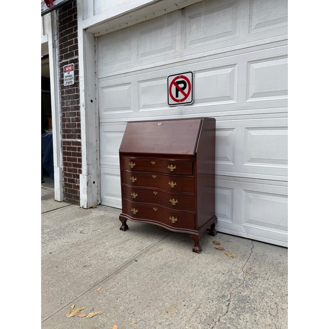 Vintage Chippendale Style Mahogany Secretary Desk With Serpentine Drawers, Ball and Claw Feet & Drop Front For Sale - Image 4 of 12