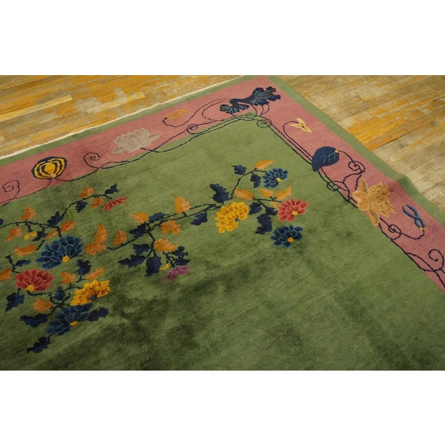 Textile Beautiful Rare Green Color Antique Wool Piler Chinese Art Deco Carpet Rug For Sale - Image 7 of 12