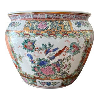 Vintage Chinese Export Porcelain Fishbowl Jardiniere Mandarin Scene Chinoiserie Planter For Sale