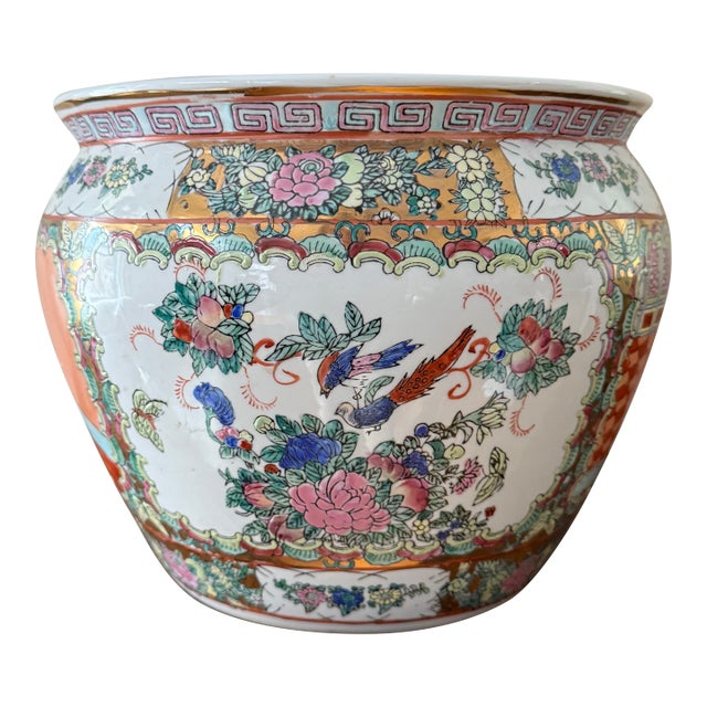 Vintage Chinese Export Porcelain Fishbowl Jardiniere Mandarin Scene Chinoiserie Planter For Sale