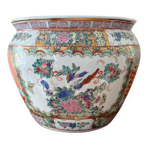 Vintage Chinese Export Porcelain Fishbowl Jardiniere Mandarin Scene Chinoiserie Planter