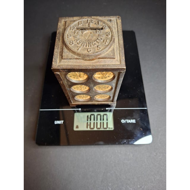 Antique Arcade Cast Iron World Times Clock Still Bank Original Paper Insert C. 1910 For Sale - Image 12 of 15