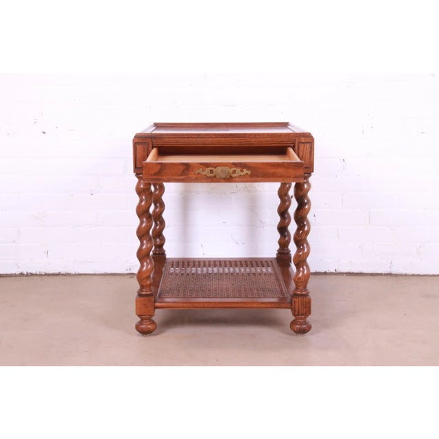 1970s 1970s Baker Furniture English Barley Twist Oak, Burl - and Cane Tea Table For Sale - Image 5 of 13