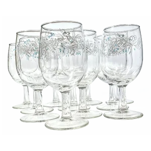 Mid Century Teal and Gray Floral Goblets- Set of Eight