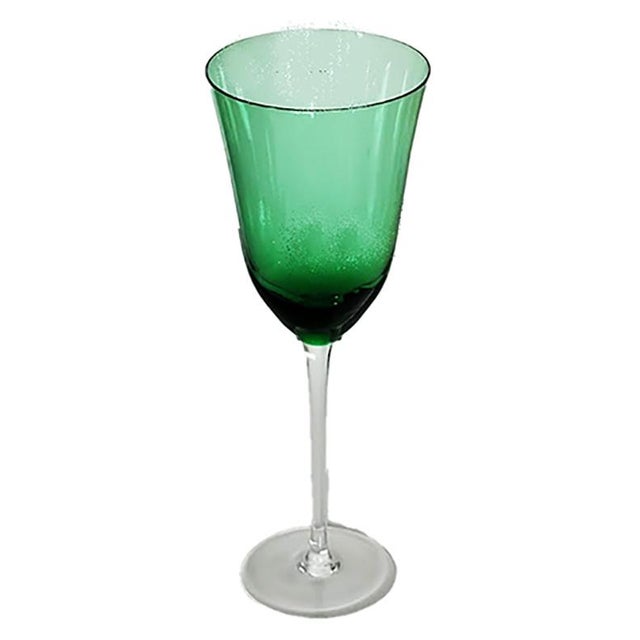 Set of 8 green glass water goblets, green bowl, clear stem, 10 1/2 Oz, Made by Steelite International in the Czech...