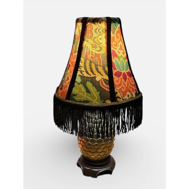 Textile P. Kaufmann “Tiger Eye Basketweave Slate” Fabric Lampshade With Black and Gold Trim For Sale - Image 7 of 7