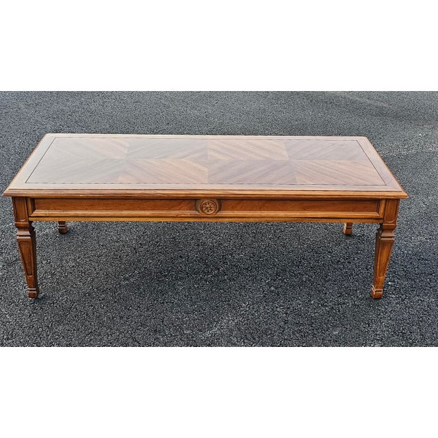 Mid Century Drexel Fontanella Bookmatched Top Fruitwood Coffee Table For Sale - Image 9 of 10
