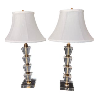Pair of Hollywood Regency Hand Cut Lead Crystal Table Lamps Mid Century Modern For Sale