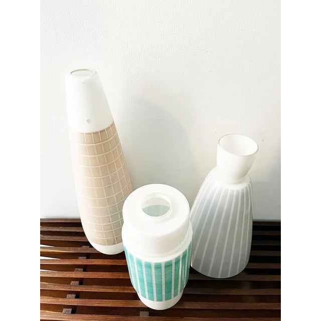 Set of Three Vintage 1950s Pendant Lamps - Top Design - Year: circa 1950 Materials: Decorated coated glass Condition:...