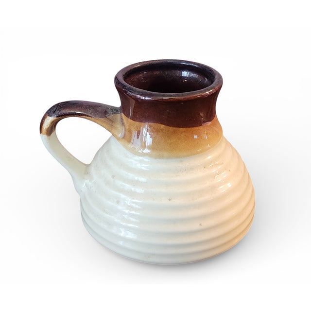 Vintage Mid Century Art Pottery Stoneware Brown & Cream Colored Ribbed Pitcher For Sale - Image 10 of 12