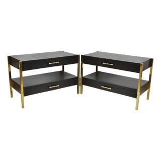 Contemporary Modern Black & Brass Faux Bamboo Nightstand Bedside Table - A Pair For Sale