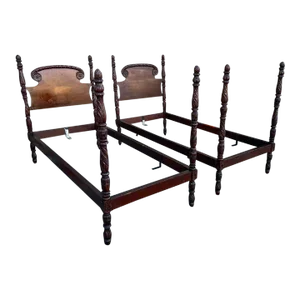 19th Century Pair Antique American Empire Mahogany Carved Twin Bed Frames.