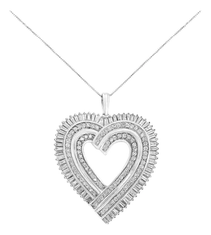 .925 Sterling Silver 1 1/4 Cttw Round and Baguette-Cut Diamond Composite Heart 18" Pendant Necklace