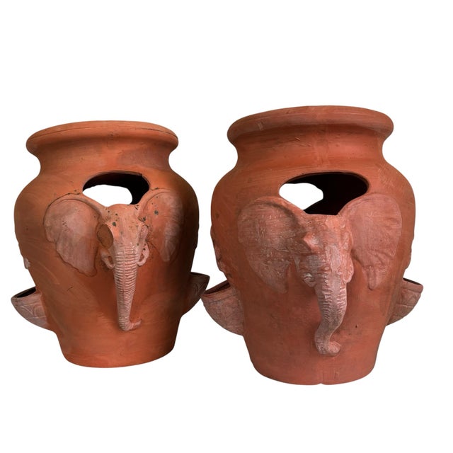 African Vintage Terracotta Elephant Motif Strawberry Planter Pots, A Pair For Sale - Image 3 of 11