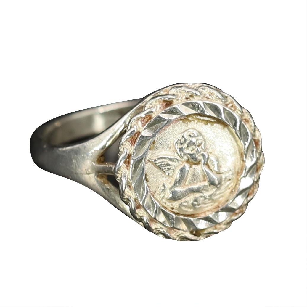 Mid 20th Century Guardian Angel Coin Signet Ring Size 8 | Chairish