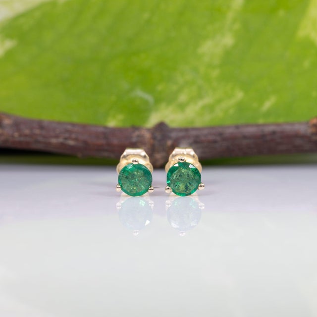 Modern Zambian Emerald Martini Solitaire Stud Earrings in Solid 14k Gold, Round 4mm, Pair For Sale - Image 3 of 7