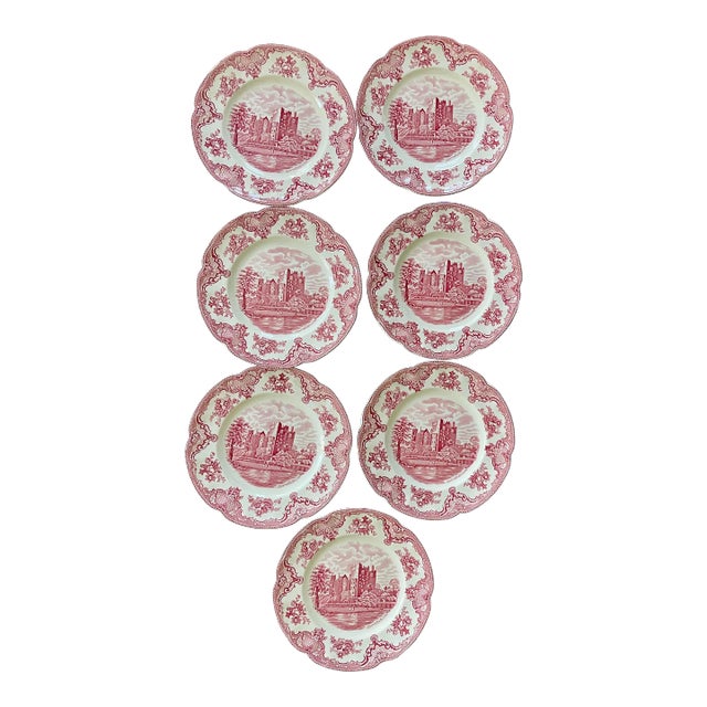 Vintage English Pink Transferware Dinner Plates in Old Britain Castles - Set of 7 For Sale