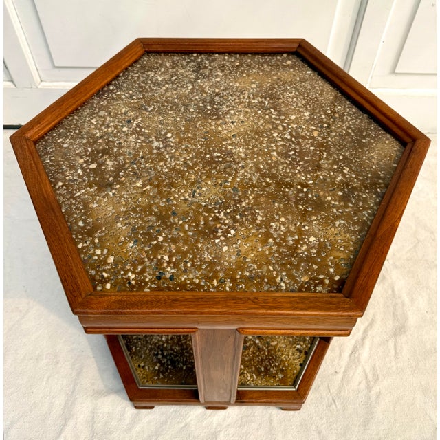 Mid-Century Modern 1970s John Keal for Brown Saltman Two-Tier Hexagonal Side Table With Stone Inset For Sale - Image 3 of 11