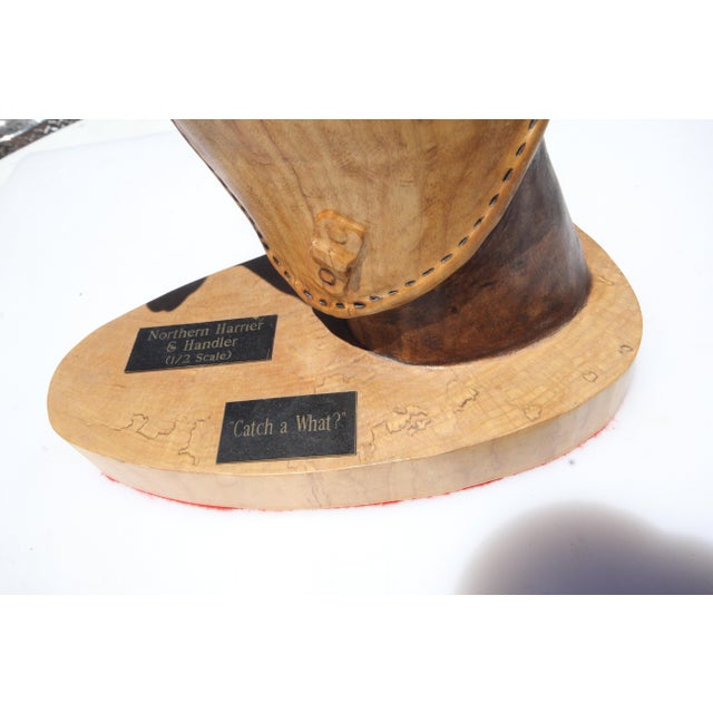 American Harrier Hawk & Gloved Handler 2003 – Carved Wooden Sculpture Signed Bradford King For Sale - Image 12 of 16