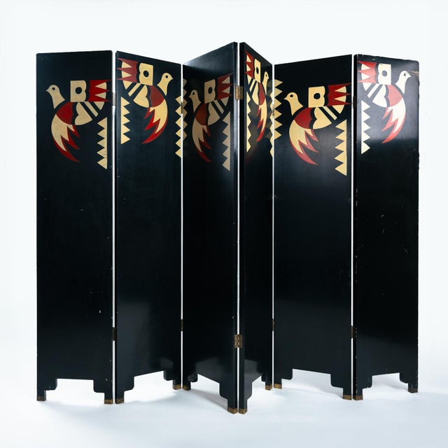 Unique six-piece lacquered room divider with painted decor of birds and geometric patterns, brass feet, art deco style,...