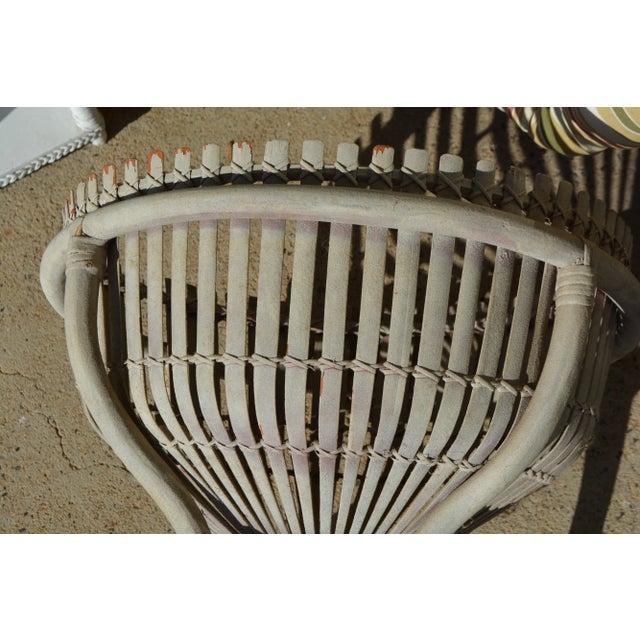 Vintage Albini Style Shabby Gray Bamboo Round Fish Trap End / Side Table With Glass Top For Sale - Image 11 of 17