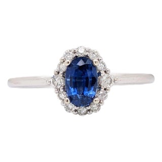 Ceylon Sapphire Ring W Earth Mined Diamonds in Solid 14k White Gold Oval 6x4mm, Size 6.75 For Sale