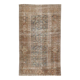 Antique Mahal Wool Rug With Faded Indigo Field & Terracotta Sampler Border For Sale